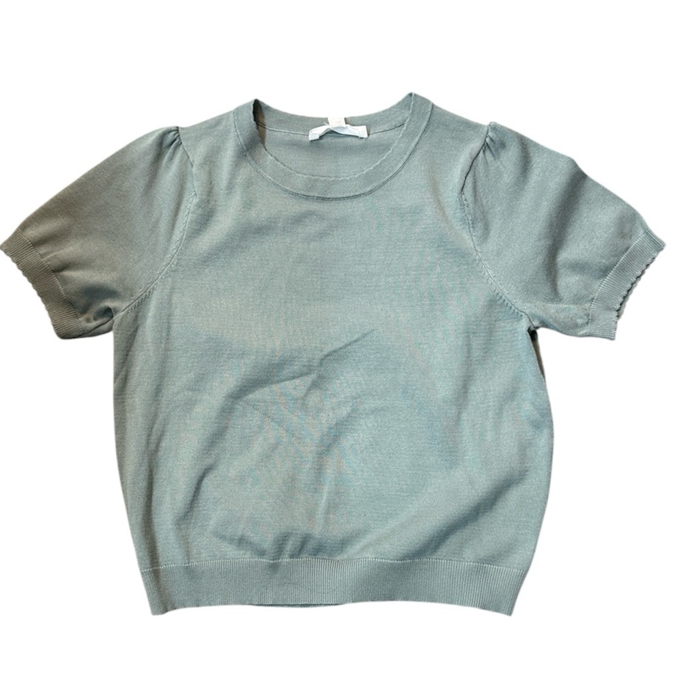 BRIT.NY Sage Green‎ Puff Sleeve Knit Sweater Top Short Sleeve Medium NWT